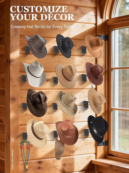Cinati Cowboy Hat Rack for Wall 12 Pack, Cowboy Hat Holder Wall Mount, Western Rustic Metal Hats Hanger Hooks Organizer for Fedora,Sun Hats,Wide Brim, Extra Hooks for Baseball Caps,Western Room Decor