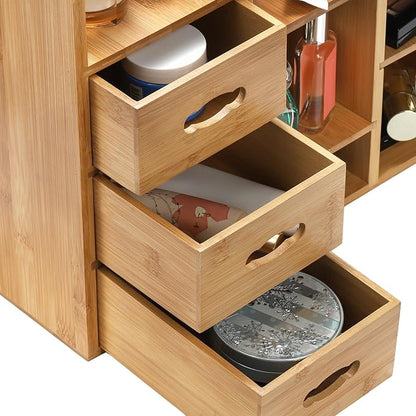 Coloch Bamboo Makeup Organizer with Drawers, Large Cosmetics Storage Shelf for Vanity Countertop Skincare Organizer for Desktop, Skincare, Beauty Supplies, Cosmetics Display, Stationery Storage