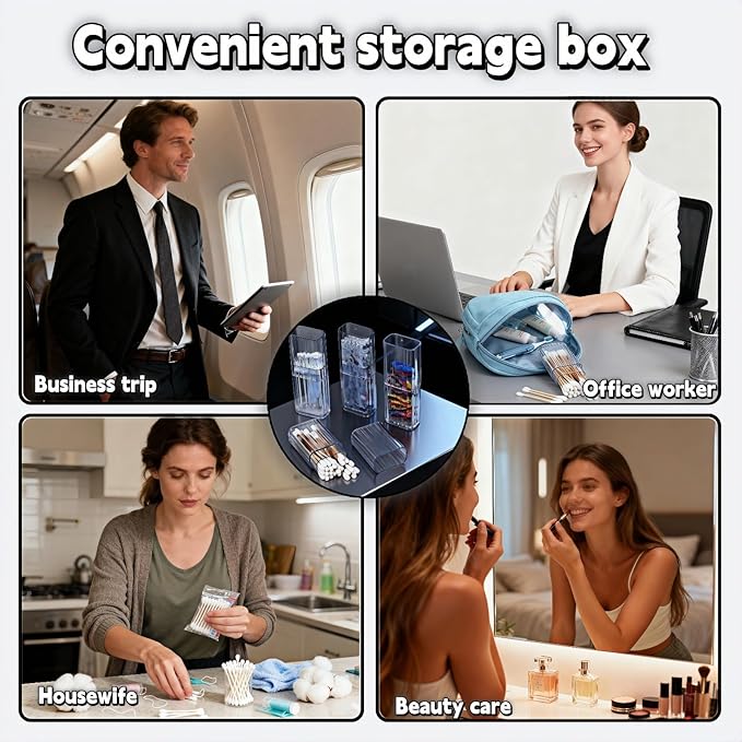 Clear Mini Storage Boxes with Mid Opening Lid, Transparent Travel Cotton Swab Organizer for Cosmetics, Hair Ties, Dental Floss, 4.1 x 1.3 x 0.8 Inches, 4 Pack