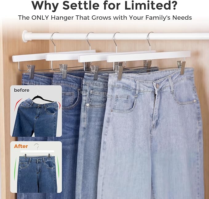 HOUSE DAY Premium Wooden Pants Hangers 25 Pack, Solid Lotus Wood Skirt Hangers with 2-Adjustable Clips, Heavy Duty & Anti Slip Wood Bottom Hanger for Slacks, Jeans, Trousers, Shorts (White)