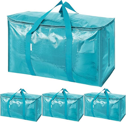 TICONN 4 Pack Extra Large Moving Bags Heavy Duty with Zippers & Carrying Handles, Durable Storage Bags Moving Boxes for Closet Organizers and Storage (4 Pack, Aqua)