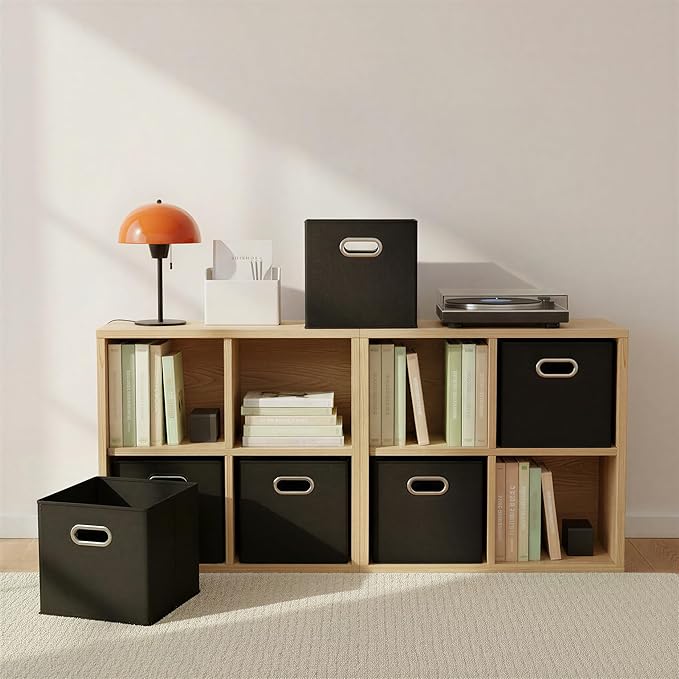 Household Essentials Foldable Fabric Storage Bins 6 Piece Set, Strong Poly-Woven Fabric, Sturdy Chipboard Sides, Grommet Front Handle, Stackable and Foldable, Classic Design, Black