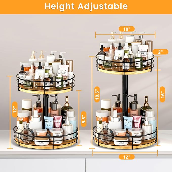 Lazy Susan Spice Rack Organizer Turntable Height Adjustable, 12 Inch Wood Lazy Susan 2 Tier, Rotating Spice Rack Organizer for Cabinet Dining Table Top Kitchen Bathroom Countertop Black