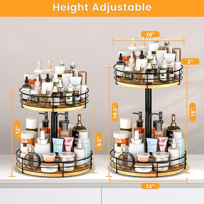 Lazy Susan Spice Rack Organizer Turntable Height Adjustable, 12 Inch Wood Lazy Susan 2 Tier, Rotating Spice Rack Organizer for Cabinet Dining Table Top Kitchen Bathroom Countertop Black