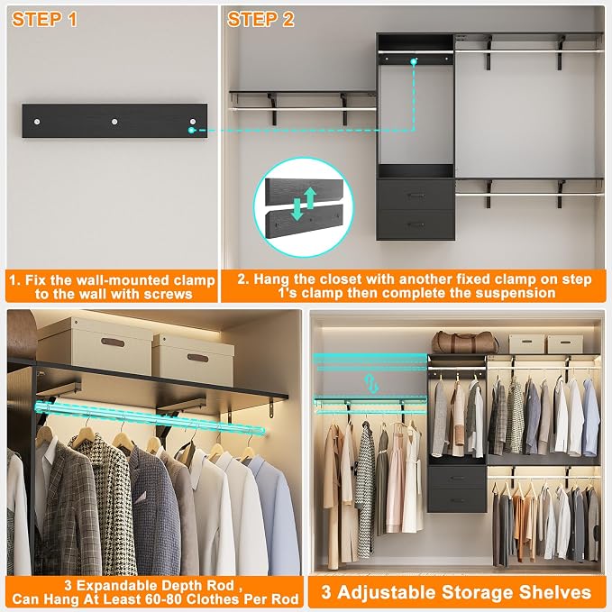 96 Hanging Closet System with 2 Wooden Drawers, 75"–87" Height Adjustable Closet Organizer System with Tower, 4-8FT Custom Closet Shelving System, Wall-Mounted Walk-In Closets Wardrobe, Black