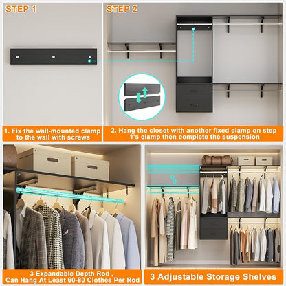 96 Hanging Closet System with 2 Wooden Drawers, 75"–87" Height Adjustable Closet Organizer System with Tower, 4-8FT Custom Closet Shelving System, Wall-Mounted Walk-In Closets Wardrobe, Black