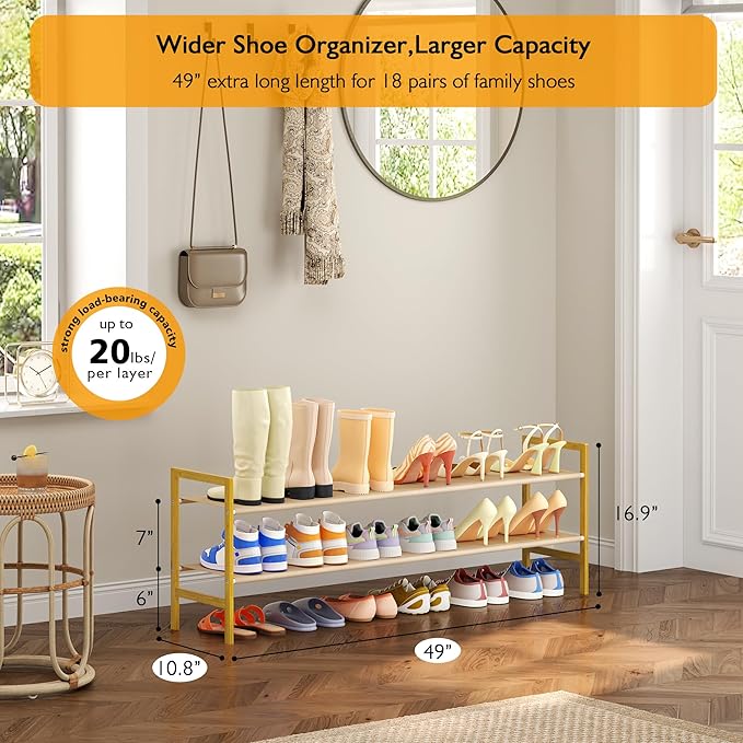 Long Shoe Rack for Closet Floor,2 Tier Wide Shoes Shelf Organizer,15-18 Pairs Bamboo Low Closet Shoe Stand Holders,Modern Sturdy Shoe Storage Rack for Entryway,49” x 11” x 17”