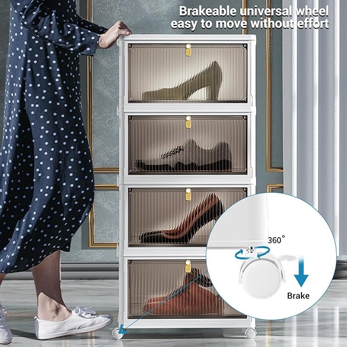 CHICIRIS Folding Shoes Storage Box 4 Layers Clear Large Capacity Shoe Rack PP Shoe Shelf Cabinet Spacing Saving for Home Sneaker, Boot, Storage
