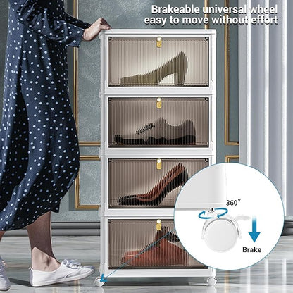 CHICIRIS Folding Shoes Storage Box 4 Layers Clear Large Capacity Shoe Rack PP Shoe Shelf Cabinet Spacing Saving for Home Sneaker, Boot, Storage