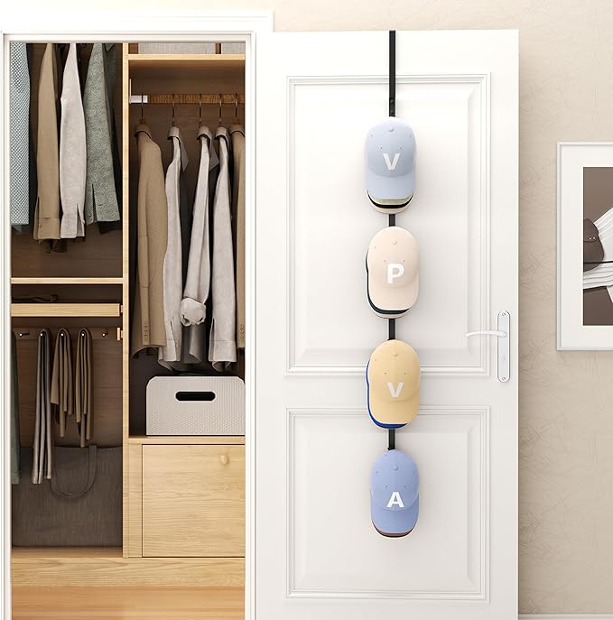 SWTYMIKI Over Door Hat Rack - Hat Organizer with 4 Hooks Design, Hanging Baseball Cap Organizer Storage Holds Up to 20 Caps for Door, Bedroom, Closet (Black)