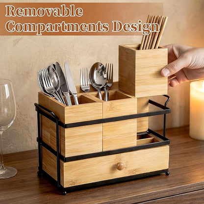 Silverware Caddy with Drawer and 4 Removable Compartments for Spoons, Forks, Plates Napkins, Flatware Organizer with Drain Holes, Bamboo Utensil Holder for Kitchen Counter, Party (Yellow)