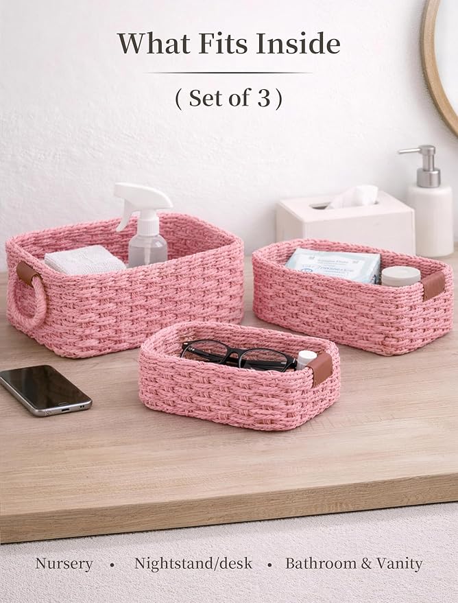 Storage Basket, Recycled Paper Rope Bathroom Basket Organizer, 3Pcs Small Baskets for Organizing, Mini wicker Basket for Decorative Storage Bins, Shelves, Bathroom, Cabinet - Pink
