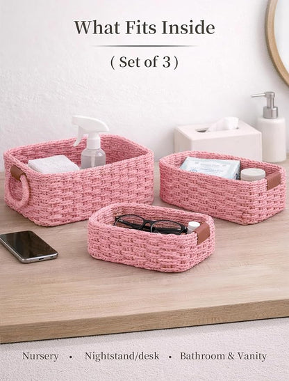 Storage Basket, Recycled Paper Rope Bathroom Basket Organizer, 3Pcs Small Baskets for Organizing, Mini wicker Basket for Decorative Storage Bins, Shelves, Bathroom, Cabinet - Pink