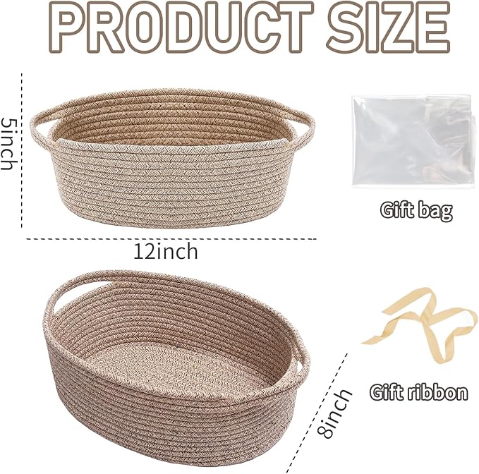 JMvicyroam Woven Basket,Small Rope Storage Bin with Handles & Ribbon Bag, Organizer for Shelves Closets,Gift Basket Empty for Birthday,Books,Dog Toys,Oatmeal/2 Pack