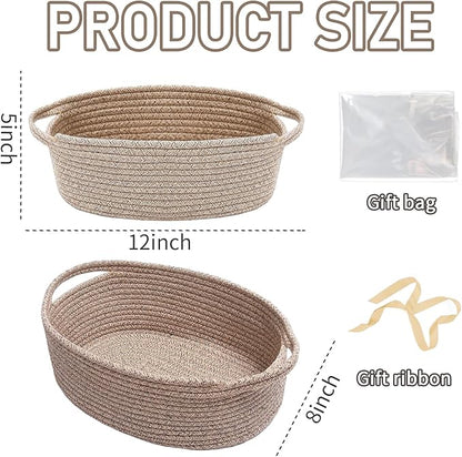 JMvicyroam Woven Basket,Small Rope Storage Bin with Handles & Ribbon Bag, Organizer for Shelves Closets,Gift Basket Empty for Birthday,Books,Dog Toys,Oatmeal/2 Pack