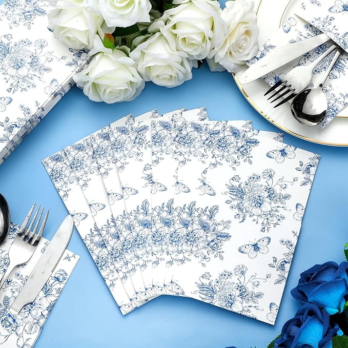 Sliner 50 Pieces White and Blue Floral Silverware Bags Paper Disposable Silverware Sleeves Blue Floral Cutlery Holder Chinoiserie Utensil Pouch Table Decoration for Wedding Cocktail Guest Tea Party