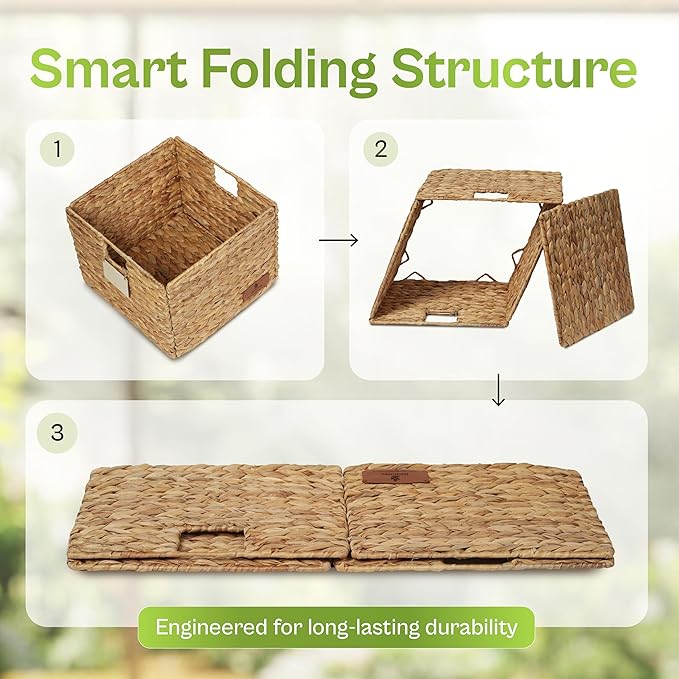 Water Hyacinth Storage Basket – 12x12x10 Inch Foldable Woven Organizer Bin, Handwoven Natural Fiber with Reinforced Frame, SGS Tested (US FDA 21 CFR 178.3800(b) PCP PASS)