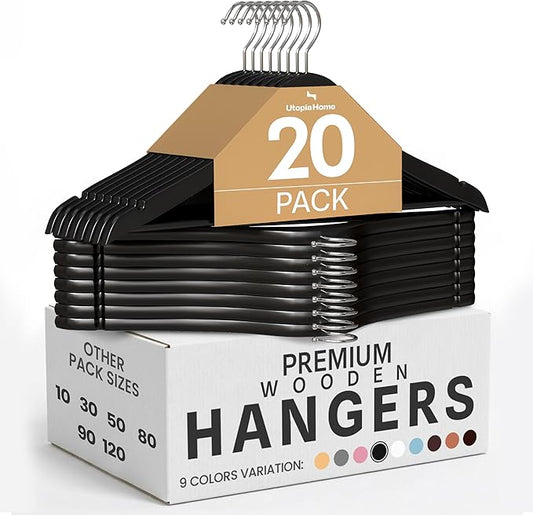 Utopia Home Premium Wooden Hangers 20 Pack - Durable & Slim Coat Hanger - Suit Hanger with 360-Degree Rotatable Hook - Wood Hangers with Shoulder Grooves (Black Color)