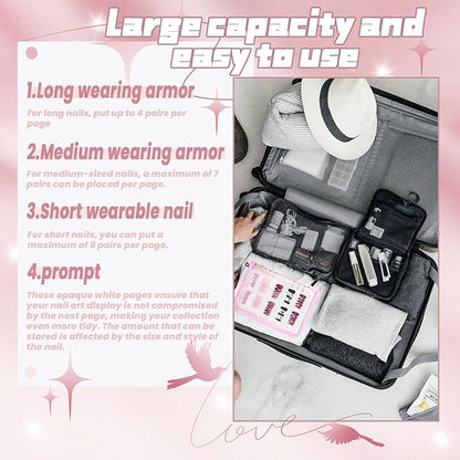 Press On Nail Storage Organizer with 4 Insert Pages - A5 Size Portable False Nail Storage Box for Collecting and Organizing Tips with Tape and Zipper Pocket (Pink)