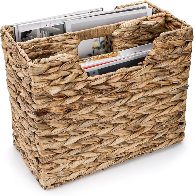Yesland Hand-Woven Magazine Basket, Natural Narrow Water Hyacinth Holder Magazine Wicker Basket Organizer for Files, Decorative Divided Magazine Storage Basket Bin with Handle for Home, Office, Desk