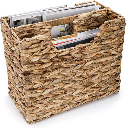 Yesland Hand-Woven Magazine Basket, Natural Narrow Water Hyacinth Holder Magazine Wicker Basket Organizer for Files, Decorative Divided Magazine Storage Basket Bin with Handle for Home, Office, Desk