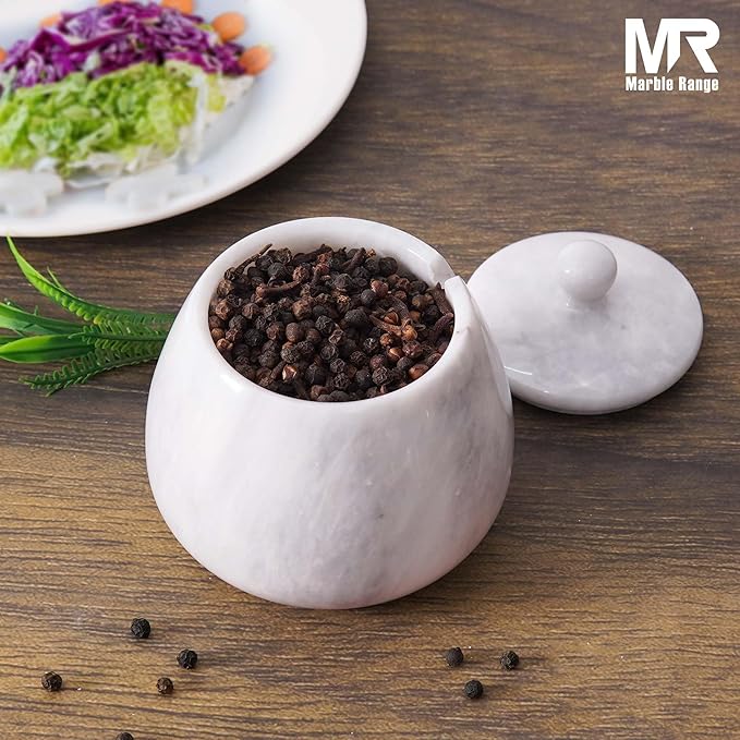 Marble Salt Cellar with Lid – 4.5 Inch White Table Salt Container, Salt Jar, Salt Dish, Salt Holder, Spice Jar, Sugar Bowl, Celtic Salt, Kitchen Countertop Decor