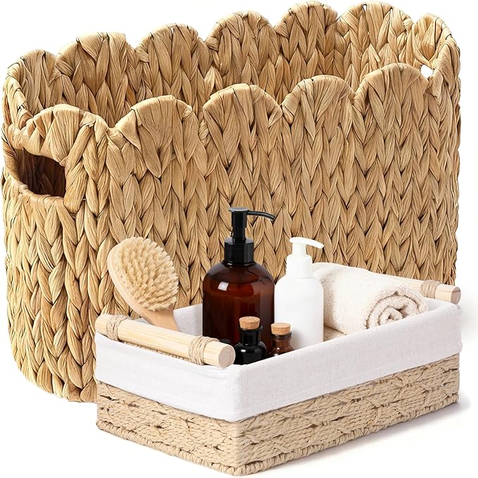 Toilet Paper Basket, 2 Packs Toilet Paper Storage Basket, Hand-Woven Wicker Bathroom Basket Organizer and Storage, Natural Water Hyacinth Slim Scalloped Basket Magazine Baskets