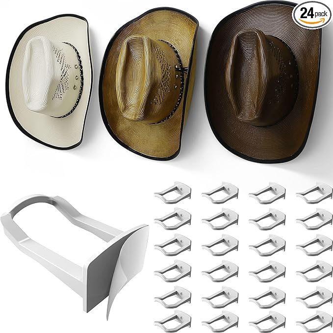 Modern JP Adhesive Cowboy Hat Hooks for Wall (24-Pack) – 3-Inch Wall Mount for Secure Hold, Wide Brim Hat Organizer, Western Room Decor – White