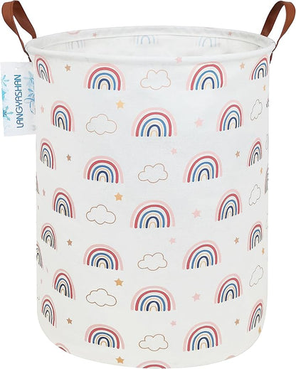 Laundry Basket Canvas Fabric Collapsible Organizer Basket for Storage Bin Toy Bins Gift Baskets Bedroom Clothes Children Nursery Hamper (Round Cloud Rainbow)