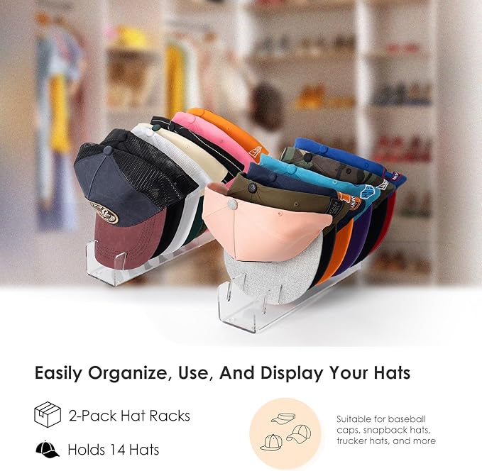 Acrylic Hat Rack, Clear Hat Organizer for Baseball Caps, Hat Display Stand for Closet, No Installation Hat Holder Organizer, 2 Packs, ZMMJTM2P