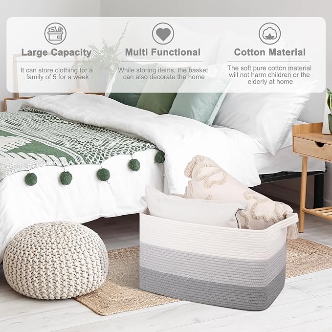 OIAHOMY Large Blanket Basket, 65L Cotton Rope Woven Laundry Basket, Toy Bin for Baby Room, Container for Blanket Storage in Living Room, 20''×16''×12'', Gradient Grey