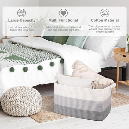 OIAHOMY Large Blanket Basket, 65L Cotton Rope Woven Laundry Basket, Toy Bin for Baby Room, Container for Blanket Storage in Living Room, 20''×16''×12'', Gradient Grey