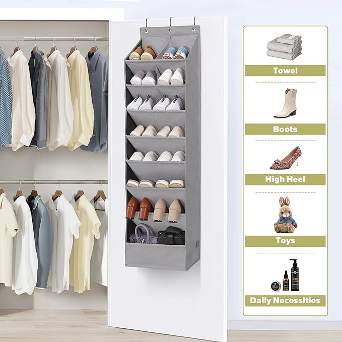 Door Shoe Organizer with 10 Extra Large Pockets, 23 Pairs Shoes Large Capacity Hanging Storage Organizer for Shoes, Diapers, Dark Grey, 8 Layers, 2-Pack