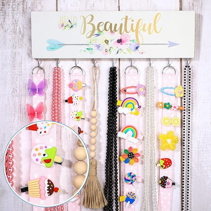 Jetec Hair Bow Organizers, Hair Clip Holders, Hello Beautiful Wall Mount Jewelry Holder with 9 Hooks for Room(Beautiful Style)