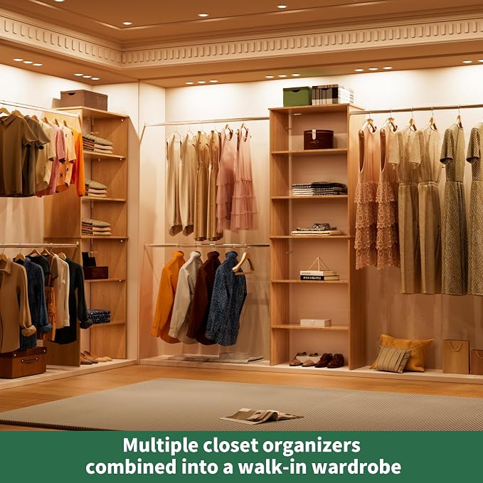 Closet System, 22.5" Wide Organizer with 3 Hanging Rods, Wood Tower Storage for Walk In Closets, Wall Mounted Wardrobe Organizer Kit, Bedroom, Fit Space 6-10 ft