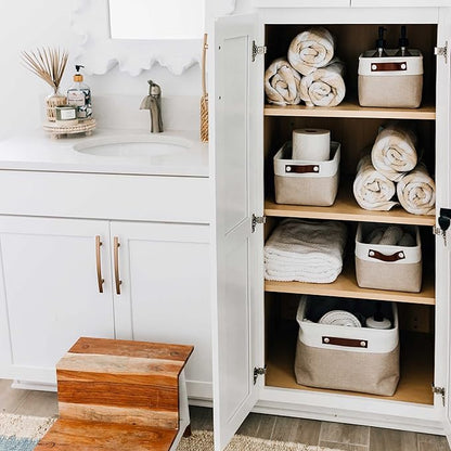 OrganiHaus 12x8in Canvas Storage Baskets 3 Pack | SMALL Fabric Bins for Shelves | Pantry & Bathroom Organizer | Beige/Off-White