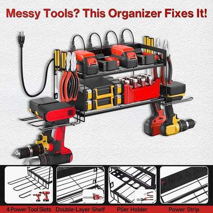 Garage Tool Organizer with Charging Station & Power Strip - 4 Drill Holder Wall Mount Rack, Heavy Duty Metal Shelf for Workshop Organization