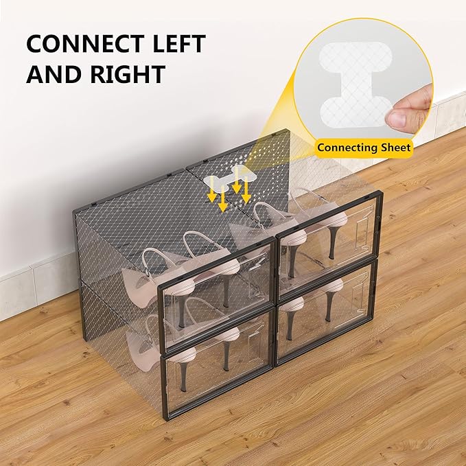 12 Pack X-Large Clear Shoe Storage Boxes, Stackable Modular Plastic Shoe Organizer Front-Opening Door, Fits up to US Size 9 to13, Ventilated Dust-Proof Sneaker Display Cases Closet and Entryway, Black