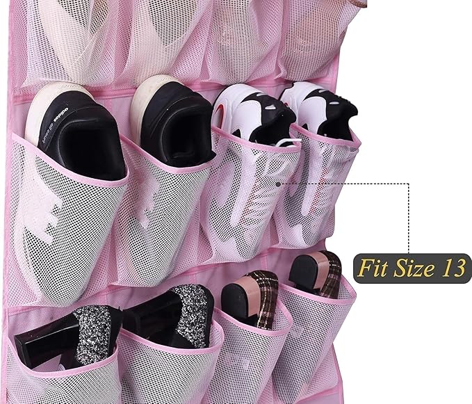 MISSLO Over The Door Shoe Organizer 24 Large Mesh Pockets (Pink)