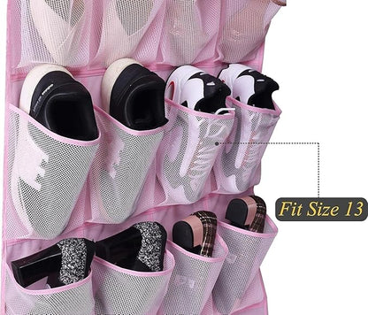 MISSLO Over The Door Shoe Organizer 24 Large Mesh Pockets (Pink)