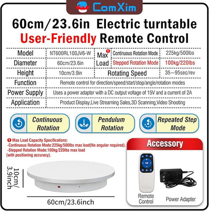 23.6In Remote Large Motorized electric turntable Rotating platform Photography Turntable Motorized lazy susan Base giratoria para for Photography,3D Scanner,Heavy duty display(Load Range:220~500lbs)