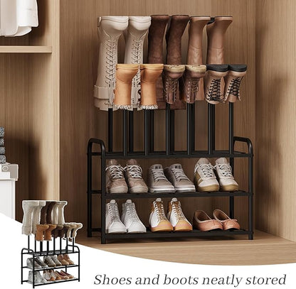 Kitsanery Shoe Rack - 3-Tier Metal Boot Rack Organizer for Entryway, Closet & Garage, Free Standing Shoe Shelf for Storage Tall Boots, Sneakers, Cowboy Boots, Black (Medium - 6 Pairs)