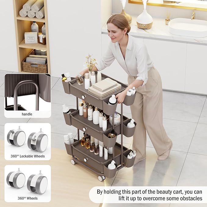 3 Tier Drawer Beauty Cart with 12 Movable Storage Organizer, Thickened ABS & 360° Wheels for Salon Station for Hair Stylist, Beauty Salon, Spa Massage Parlor, Makeup Organizer and More - Brown