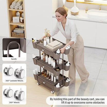 3 Tier Drawer Beauty Cart with 12 Movable Storage Organizer, Thickened ABS & 360° Wheels for Salon Station for Hair Stylist, Beauty Salon, Spa Massage Parlor, Makeup Organizer and More - Brown