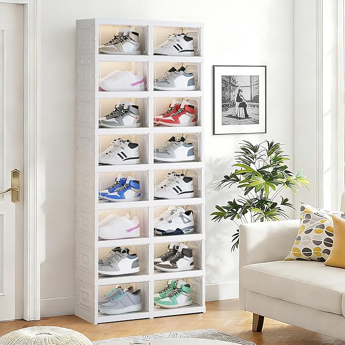 Shoe Box Foldable Storage Box Installation-free Clear Plastic Stackable Shoe Storage Cabinet Shoe Organizer Shoe Container Box with Lids Large Size Shoe Rack (8 Tiers 16 Pairs)