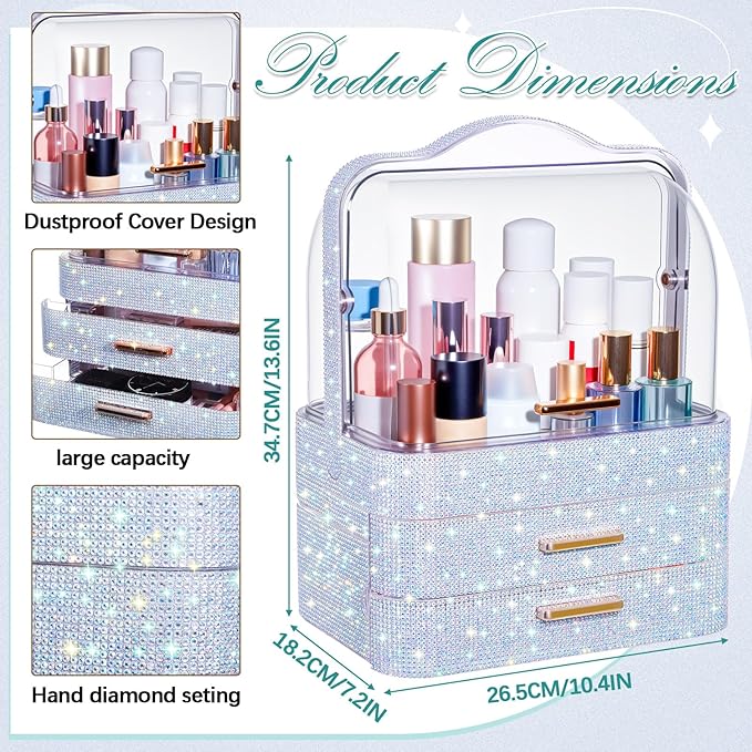 Honeydak Bling Makeup Organizer for Mothers Day Nurses Day Birthday Gifts Rhinestone Cosmetic Display Cases with Transparent Cover, Skincare Perfume Organizer for Countertop, Desk(Silver,Rhinestone)