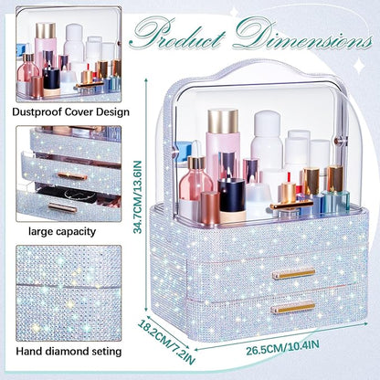 Honeydak Bling Makeup Organizer for Mothers Day Nurses Day Birthday Gifts Rhinestone Cosmetic Display Cases with Transparent Cover, Skincare Perfume Organizer for Countertop, Desk(Silver,Rhinestone)
