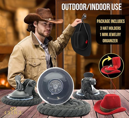 Car Cowboy Hat Holder for Truck – Easy-to-Use, Cotton Rope, Strong Suction Car Hat Holder Cowboy, Western Style – Keeps Gear Safe from Damage. (3-Pack)