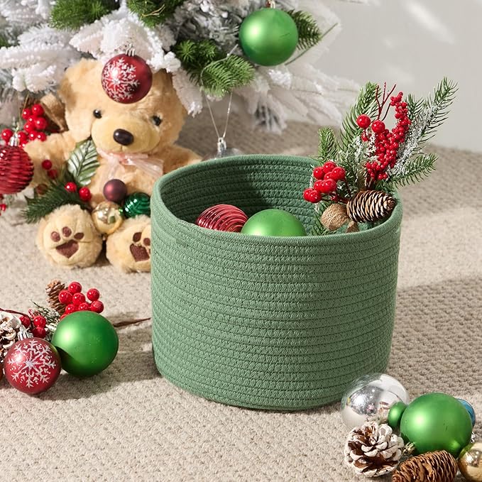 MiniArk Small Basket for Organizing | Cube Shelf Closet Storage Baskets | 9.7×9.7×7.1” | Woven Rope Gift Basket | Nursery | Round 3 Packs Green