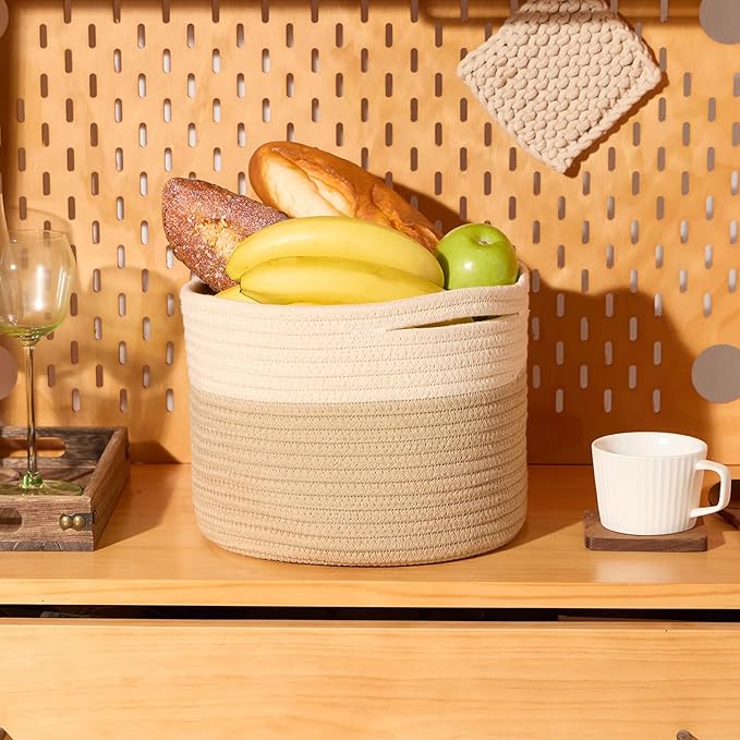 MiniArk Small Basket for Organizing | Cube Shelf Closet Storage Baskets | 9.7×9.7×7.1” | Woven Rope Gift Basket | Nursery | Round 3 Packs Tan